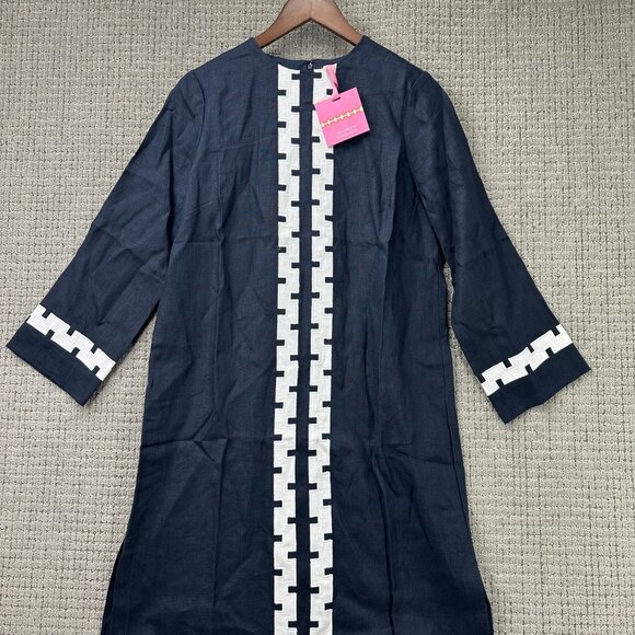 Tuckernuck Designer Dress Womens M Navy 3/4 Sleeve Linen Embroidered Hartman NWT - Picture 5 of 16